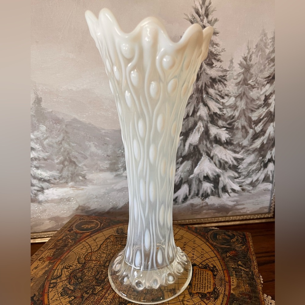 Antique Opalescent Art Glass Vase 9” Ruffled Rain Drip Northwood Fenton